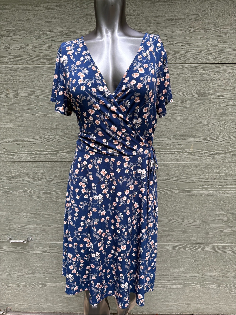 Kaileigh Navy Floral Faux Wrap Dress with Pink Blossoms